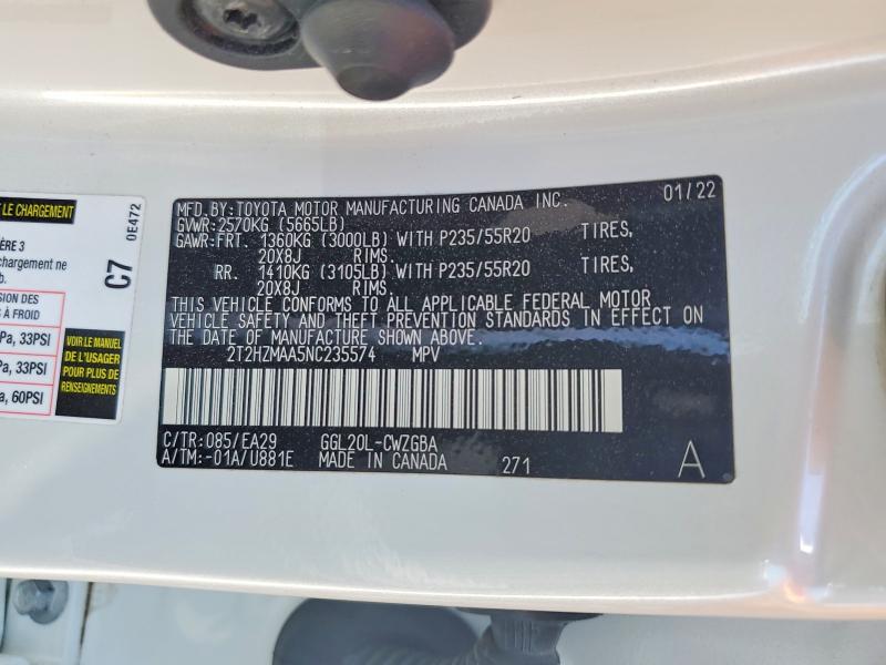 53071896 :رقم المزاد ، 2T2HZMAA5NC235574 vin ، 2022 Lexus Rx مزاد بيع