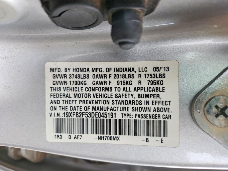 2013 Honda Civic მანქანა იყიდება აუქციონზე, vin: 19XFB2F53DE045191, აუქციონის ნომერი: 51695656