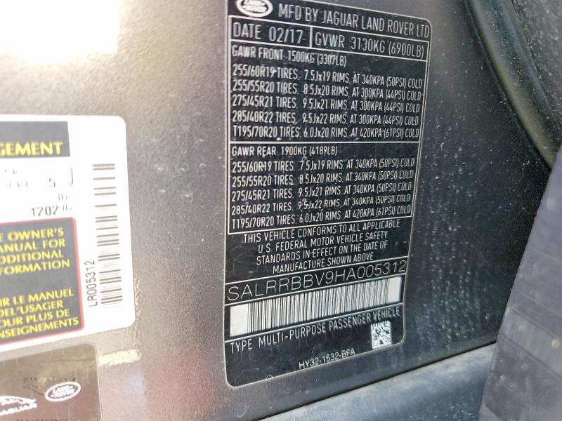 52334346 :رقم المزاد ، SALRRBBV9HA005312 vin ، 2017 Land Rover Discovery مزاد بيع