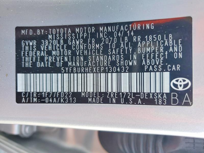Продажа на аукционе авто 2014 Toyota Corolla, vin: 5YFBURHEXEP130432, номер лота: 52875536