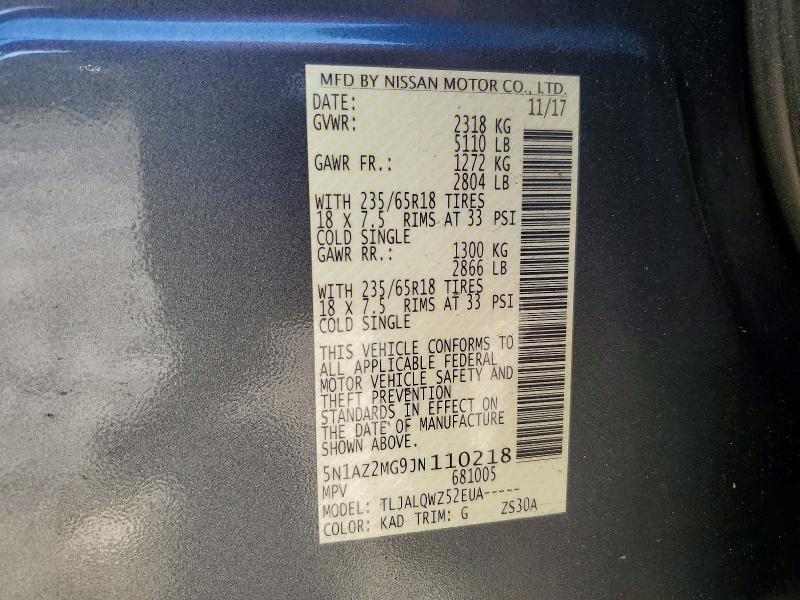 Aukcja sprzedaży 2018 Nissan Murano, vin: 5N1AZ2MG9JN110218, numer aukcji: 53721036