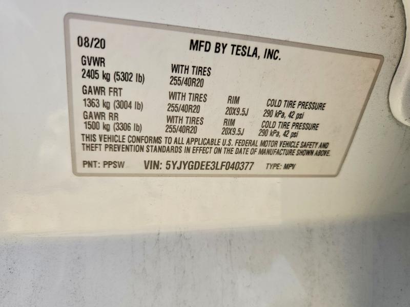 Продаж на аукціоні авто 2020 Tesla Model Y, vin: 5YJYGDEE3LF040377, номер лоту: 53665856