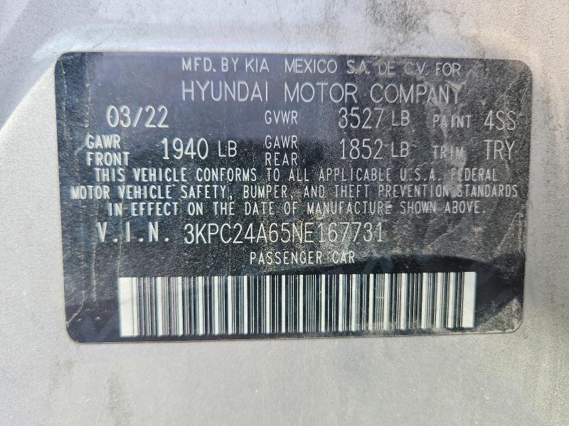 53963336 :رقم المزاد ، 3KPC24A65NE167731 vin ، 2022 Hyundai Accent مزاد بيع