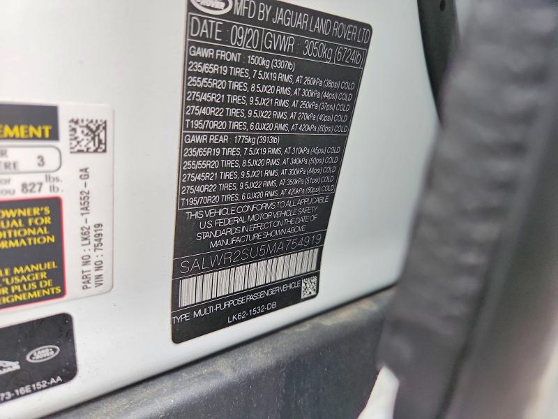 Продаж на аукціоні авто 2021 Land Rover Range Rover Sport, vin: SALWR2SU5MA754919, номер лоту: 46374366