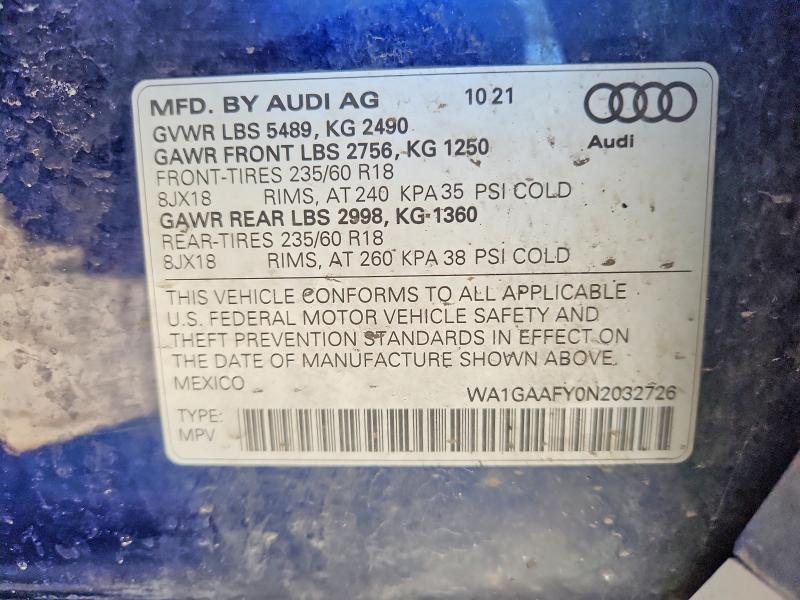 2022 Audi Q5 მანქანა იყიდება აუქციონზე, vin: WA1GAAFY0N2032726, აუქციონის ნომერი: 51759156
