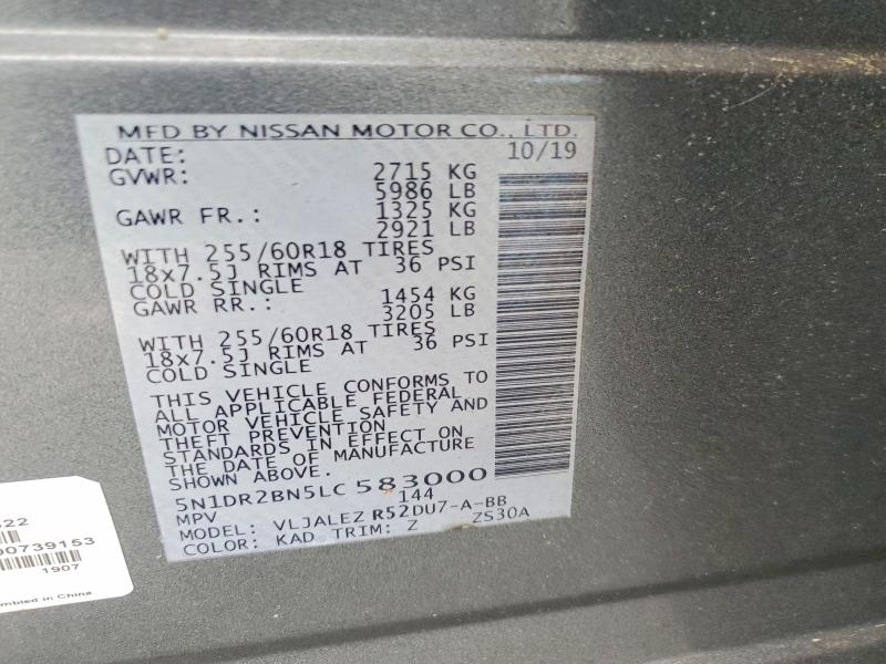 Продаж на аукціоні авто 2020 Nissan Pathfinder, vin: 5N1DR2BN5LC583000, номер лоту: 53798356