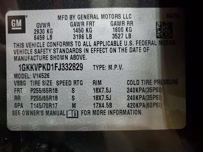 52737646 :رقم المزاد ، 1GKKVPKD1FJ332829 vin ، 2015 Gmc Acadia مزاد بيع