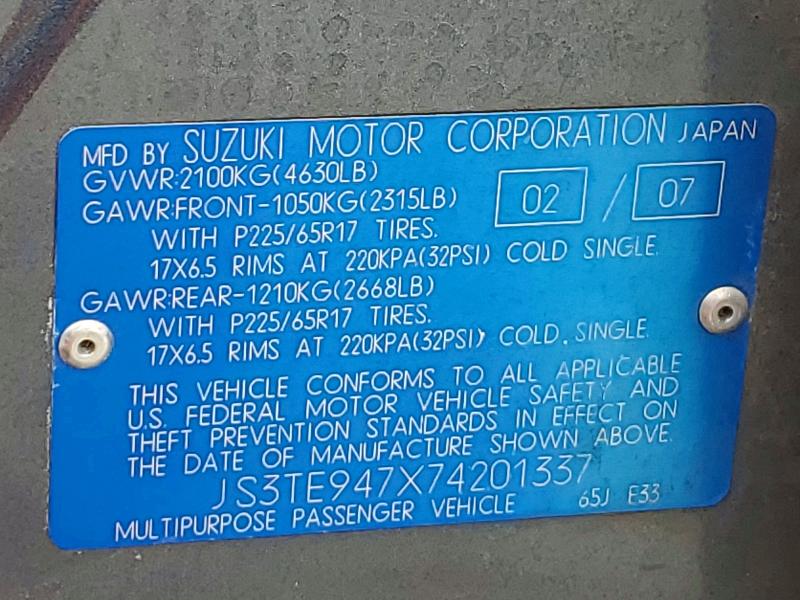 2007 Suzuki Grand Vitara მანქანა იყიდება აუქციონზე, vin: JS3TE947X74201337, აუქციონის ნომერი: 54426976