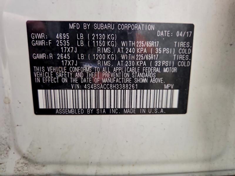 Aukcja sprzedaży 2017 Subaru Outback, vin: 4S4BSACC8H3388261, numer aukcji: 52027116