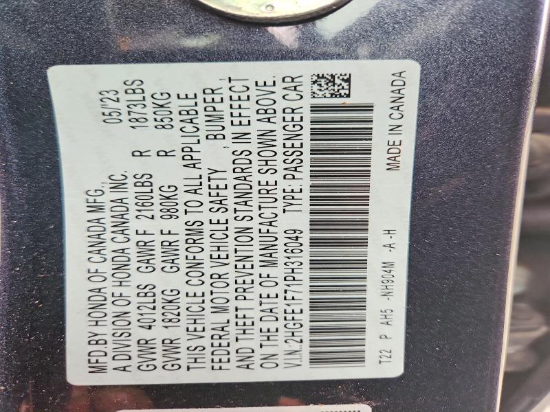 2023 Honda Civic მანქანა იყიდება აუქციონზე, vin: 2HGFE1F71PH316049, აუქციონის ნომერი: 50729586