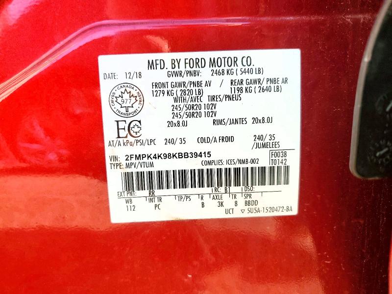 52580096 :رقم المزاد ، 2FMPK4K98KBB39415 vin ، 2019 Ford Edge مزاد بيع
