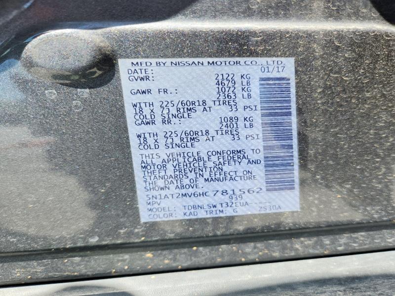 52819556 :رقم المزاد ، 5N1AT2MV6HC781562 vin ، 2017 Nissan Rogue مزاد بيع