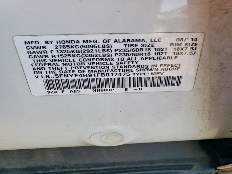 54954416 :رقم المزاد ، 5FNYF4H91FB017475 vin ، 2015 Honda Pilot مزاد بيع