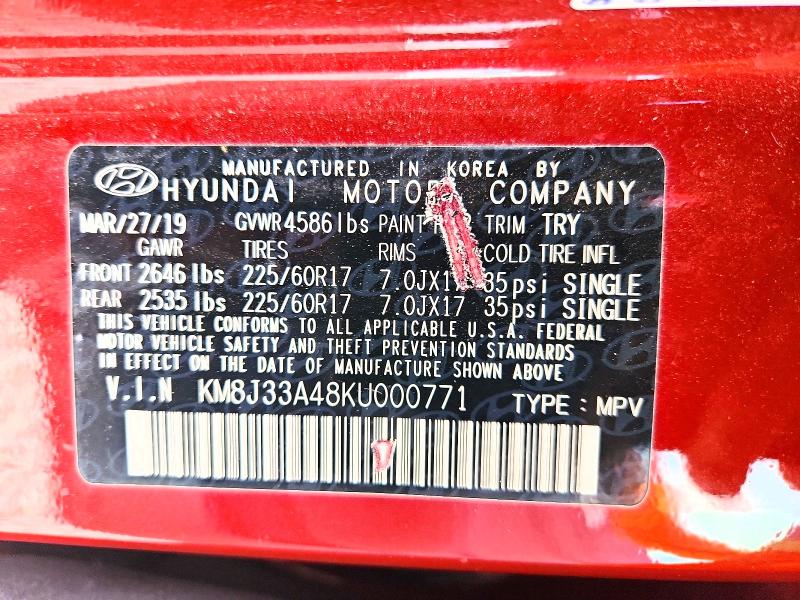 2019 Hyundai Tucson მანქანა იყიდება აუქციონზე, vin: KM8J33A48KU000771, აუქციონის ნომერი: 54647856