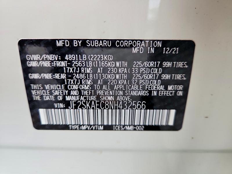 54024676 :رقم المزاد ، JF2SKAEC8NH432566 vin ، 2022 Subaru Forester مزاد بيع