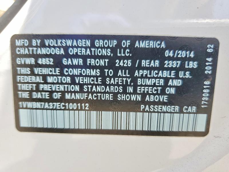 54065086 :رقم المزاد ، 1VWBN7A37EC100112 vin ، 2014 Volkswagen Passat مزاد بيع