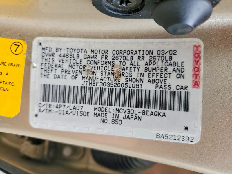 Aukcja sprzedaży 2002 Lexus Es, vin: JTHBF30G520051081, numer aukcji: 54214906