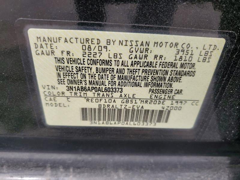 52838256 :رقم المزاد ، 3N1AB6AP0AL603373 vin ، 2010 Nissan Sentra مزاد بيع