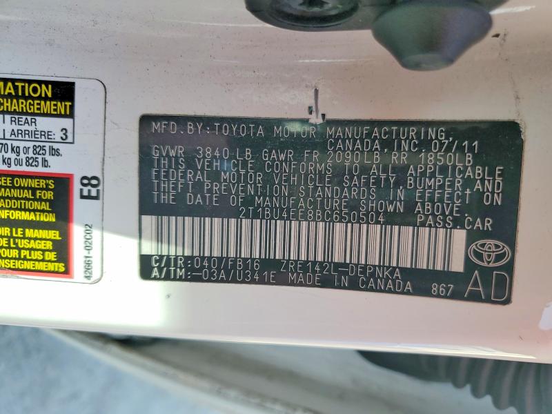 53275326 :رقم المزاد ، 2T1BU4EE8BC650504 vin ، 2011 Toyota Corolla مزاد بيع