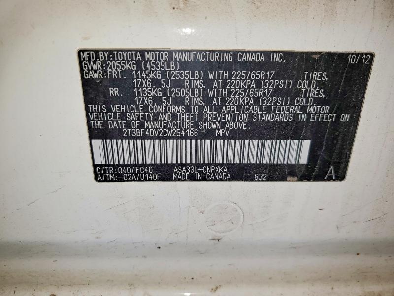 Aukcja sprzedaży 2012 Toyota Rav4, vin: 2T3BF4DV2CW254166, numer aukcji: 52555936