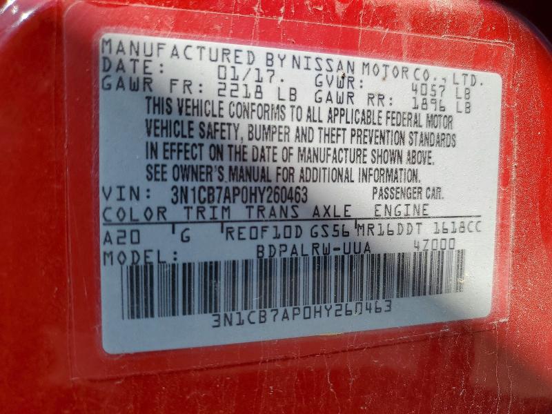 2017 Nissan Sentra მანქანა იყიდება აუქციონზე, vin: 3N1CB7AP0HY260463, აუქციონის ნომერი: 52865006