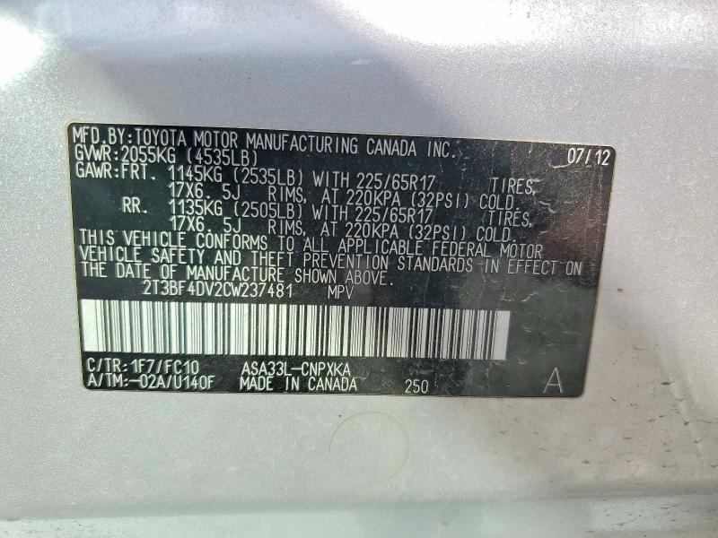 54122826 :رقم المزاد ، 2T3BF4DV2CW237481 vin ، 2012 Toyota Rav4 مزاد بيع