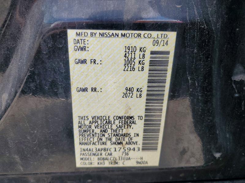 2015 Nissan Altima მანქანა იყიდება აუქციონზე, vin: 1N4AL3AP8FC175943, აუქციონის ნომერი: 52996506