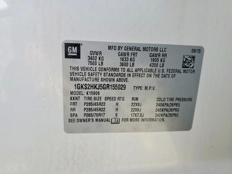 2016 Gmc Yukon Xl მანქანა იყიდება აუქციონზე, vin: 1GKS2HKJ5GR155029, აუქციონის ნომერი: 51503616