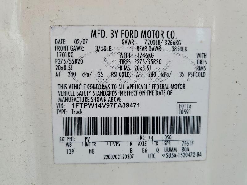 Aukcja sprzedaży 2007 Ford F150, vin: 1FTPW14V97FA89471, numer aukcji: 55202326