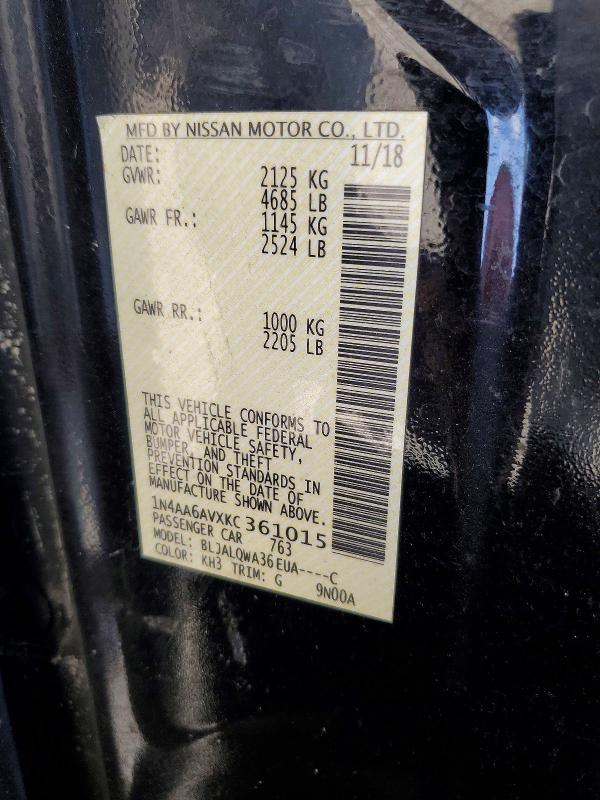 Aukcja sprzedaży 2019 Nissan Maxima, vin: 1N4AA6AVXKC361015, numer aukcji: 54114416