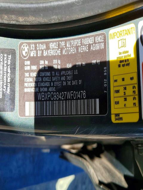Продажа на аукционе авто 2007 Bmw X3, vin: WBXPC93427WF01476, номер лота: 51723606