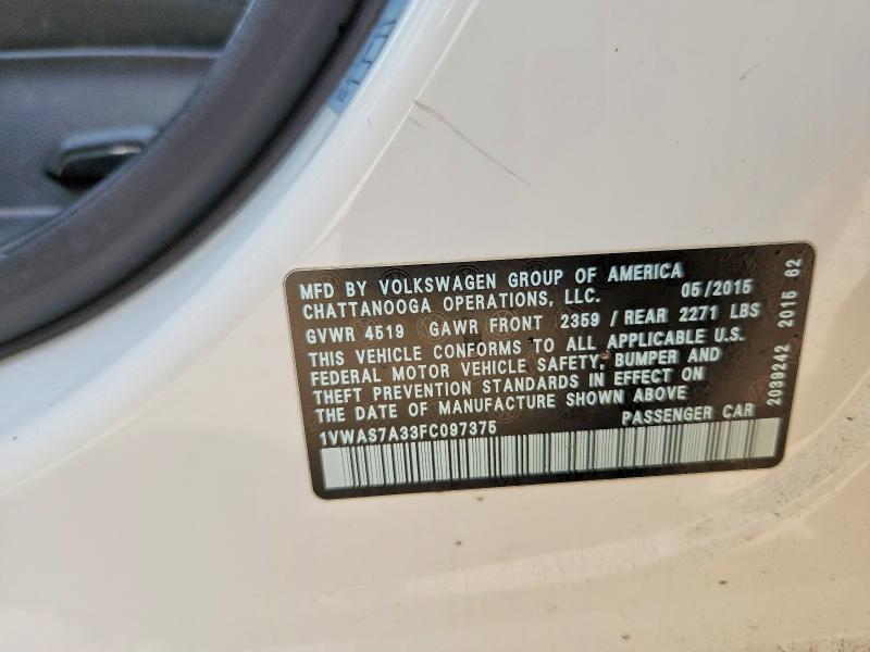 2015 Volkswagen Passat მანქანა იყიდება აუქციონზე, vin: 1VWAS7A33FC097375, აუქციონის ნომერი: 54530886
