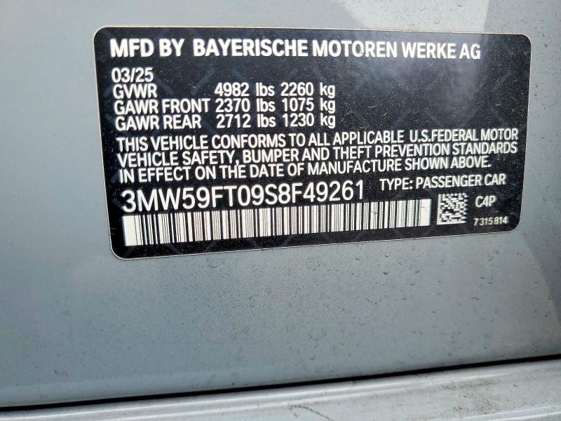 2025 Bmw M340i მანქანა იყიდება აუქციონზე, vin: 3MW59FT09S8F49261, აუქციონის ნომერი: 53300136