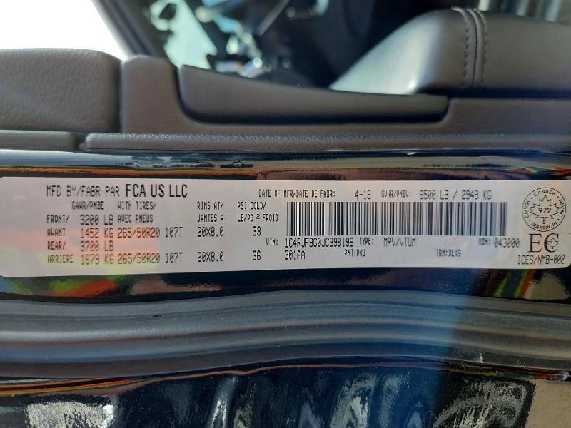 Продаж на аукціоні авто 2018 Jeep Grand Cherokee, vin: 1C4RJFBG0JC398196, номер лоту: 54866296