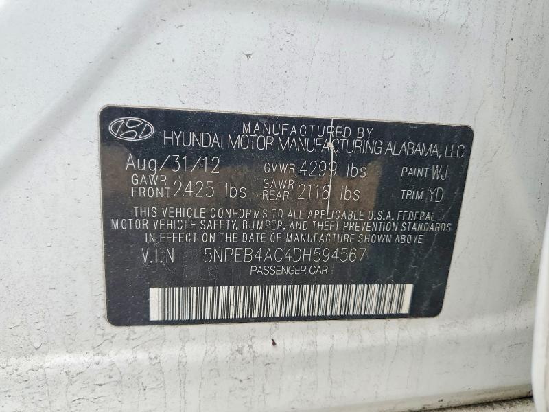 53766346 :رقم المزاد ، 5NPEB4AC4DH594567 vin ، 2013 Hyundai Sonata مزاد بيع