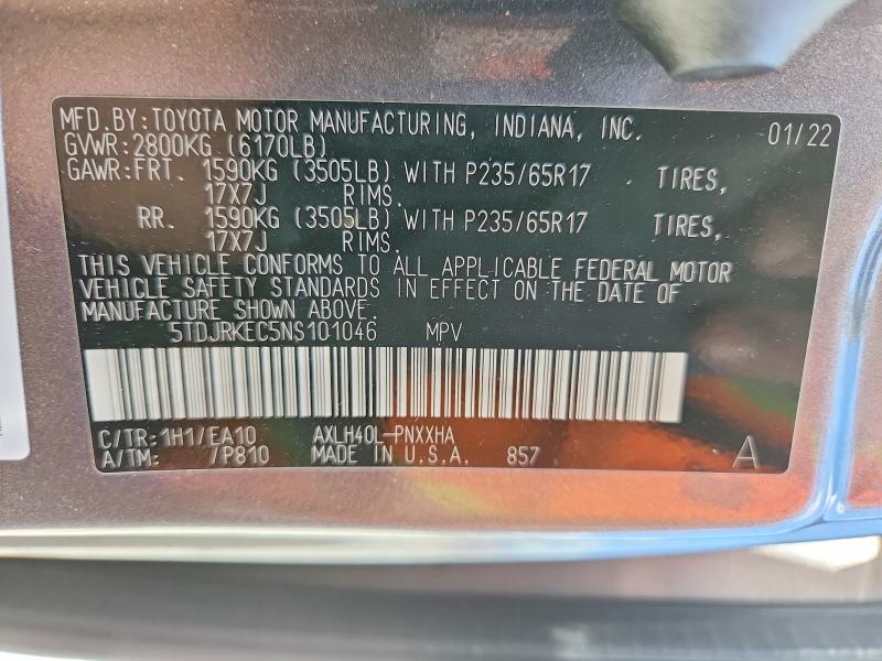 Aukcja sprzedaży 2022 Toyota Sienna, vin: 5TDJRKEC5NS101046, numer aukcji: 55206096