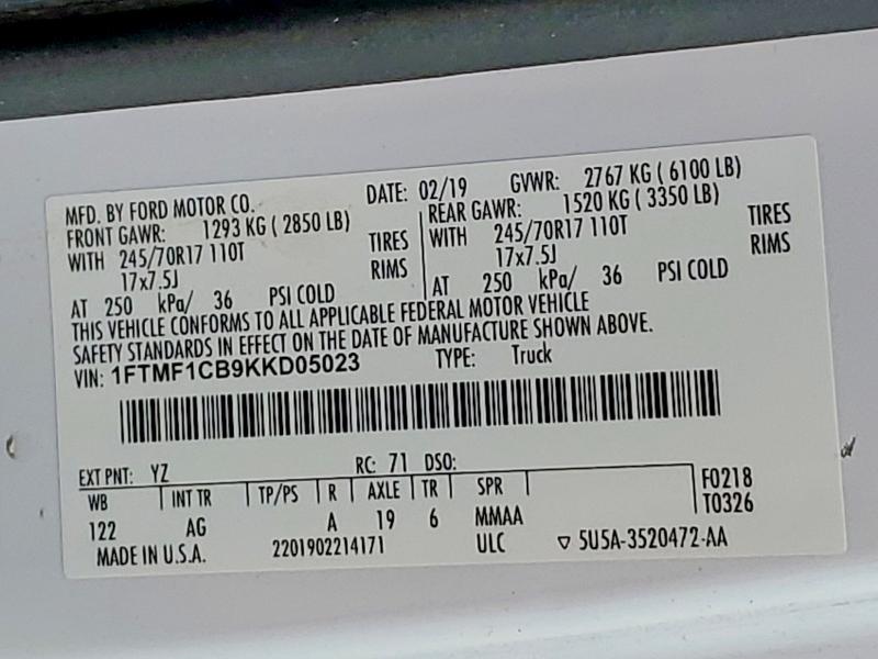 52077846 :رقم المزاد ، 1FTMF1CB9KKD05023 vin ، 2019 Ford F150 مزاد بيع