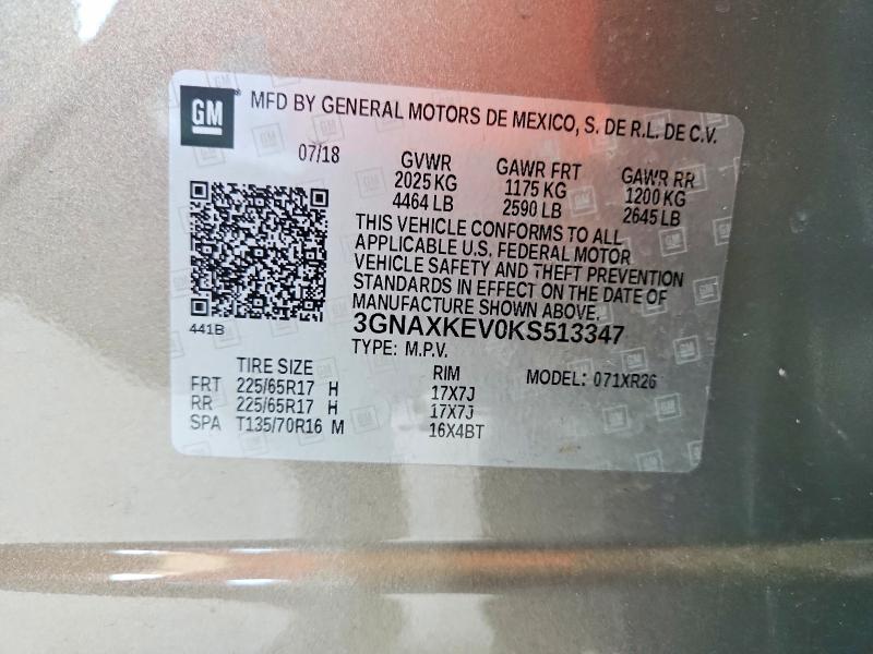 Aukcja sprzedaży 2019 Chevrolet Equinox, vin: 3GNAXKEV0KS513347, numer aukcji: 53783246