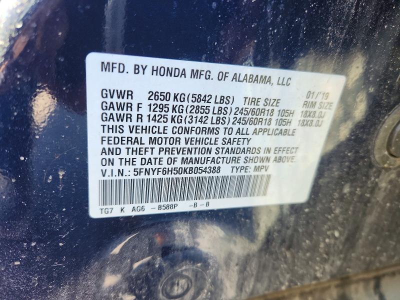 Продажа на аукционе авто 2019 Honda Pilot, vin: 5FNYF6H50KB054388, номер лота: 54411506
