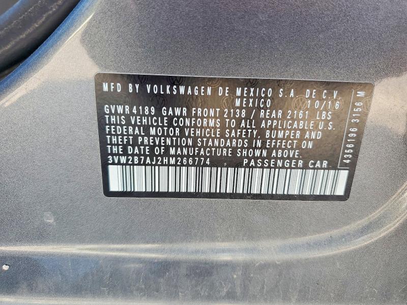 2017 Volkswagen Jetta მანქანა იყიდება აუქციონზე, vin: 3VW2B7AJ2HM266774, აუქციონის ნომერი: 53190946