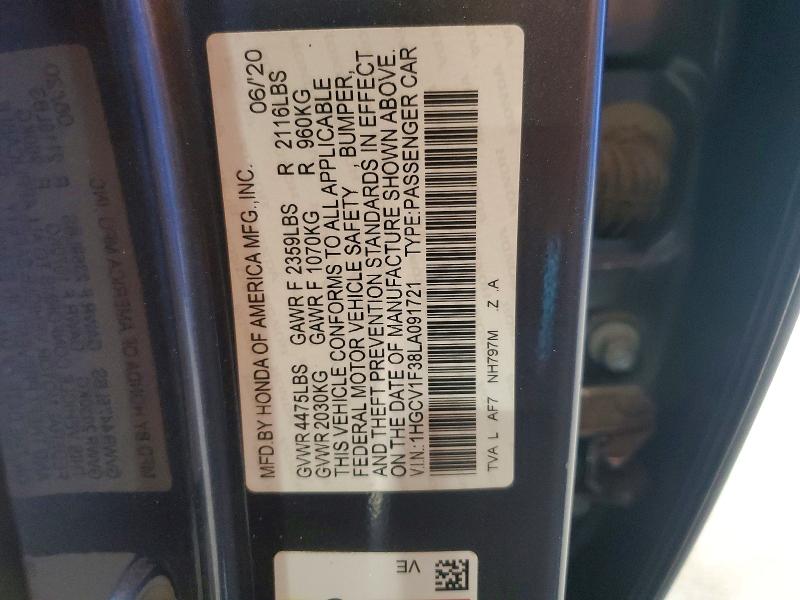 Aukcja sprzedaży 2020 Honda Accord, vin: 1HGCV1F38LA091721, numer aukcji: 55551766