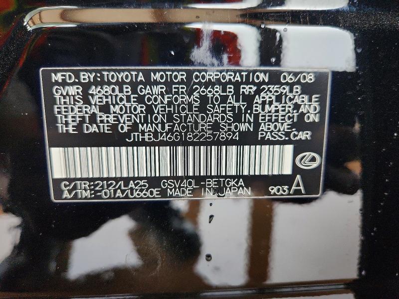 Aukcja sprzedaży 2008 Lexus Es, vin: JTHBJ46G182257894, numer aukcji: 52613546