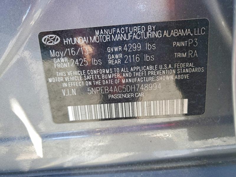 Auction sale of the 2013 Hyundai Sonata, vin: 5NPEB4AC5DH748994, lot number: 53637236