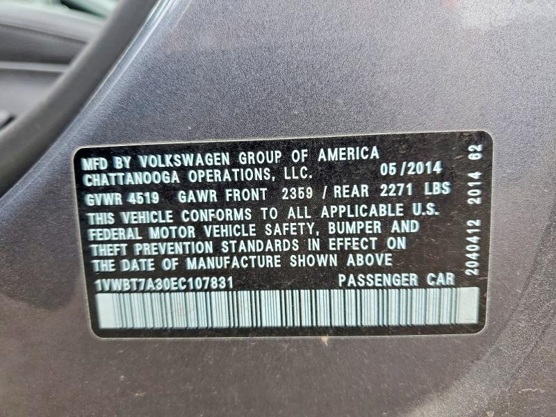 2014 Volkswagen Passat მანქანა იყიდება აუქციონზე, vin: 1VWBT7A30EC107831, აუქციონის ნომერი: 52311166