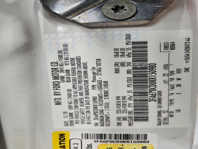 2019 Ford Fusion მანქანა იყიდება აუქციონზე, vin: 3FA6P0CD0KR150980, აუქციონის ნომერი: 52463126