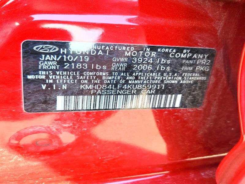 Aukcja sprzedaży 2019 Hyundai Elantra, vin: KMHD84LF4KU859911, numer aukcji: 54607986