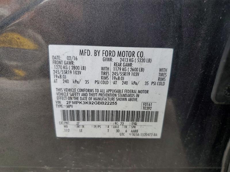 Aukcja sprzedaży 2016 Ford Edge, vin: 2FMPK3K92GBB22255, numer aukcji: 52331836