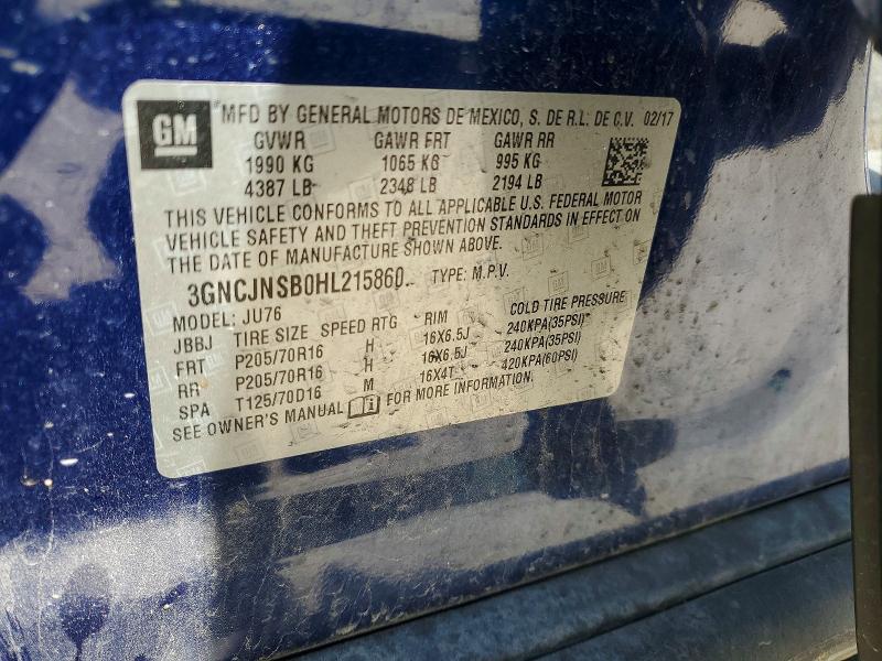 Aukcja sprzedaży 2017 Chevrolet Trax, vin: 3GNCJNSB0HL215860, numer aukcji: 53519506
