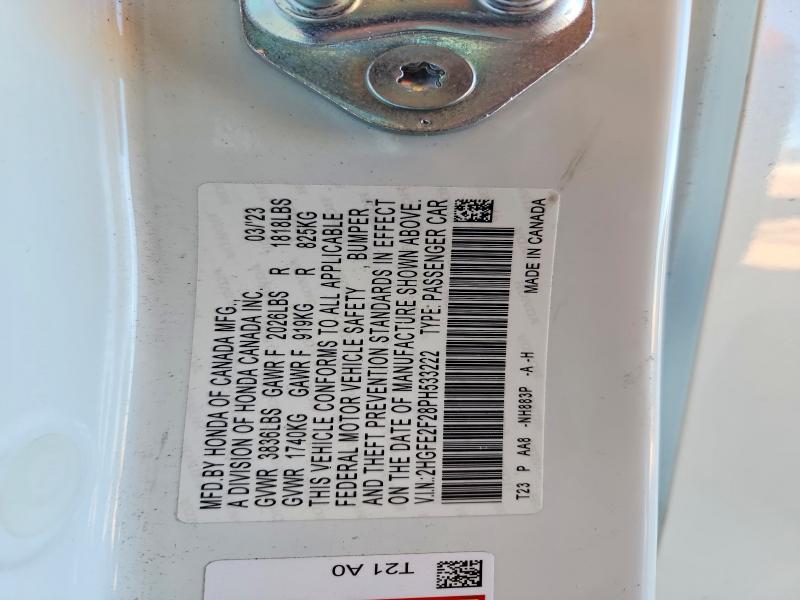 52907966 :رقم المزاد ، 2HGFE2F28PH533222 vin ، 2023 Honda Civic مزاد بيع