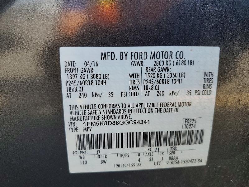Aukcja sprzedaży 2016 Ford Explorer, vin: 1FM5K8D88GGC94341, numer aukcji: 54180076